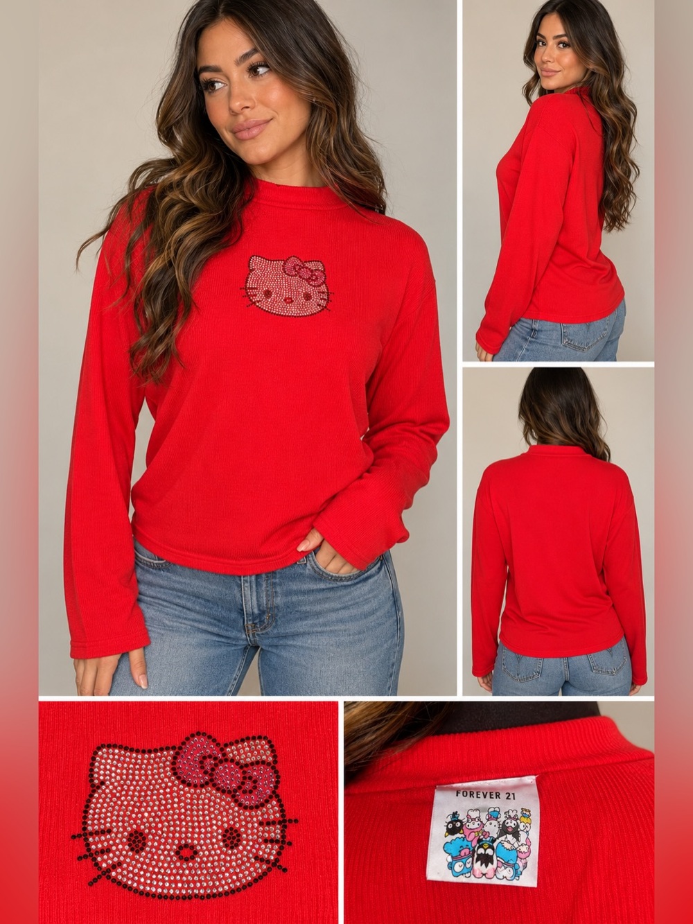 NWT Forever 21 x Hello Kitty Red Rhinestone Long Sleeve Top Size 3X Sanrio